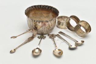 A SMALL PARCEL OF SILVER, to include a Victorian sugar bowl with frilled rim and stop reeded body,