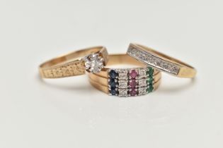 THREE 9CT GOLD GEM SET RINGS, the first a three row band ring, prong set with diamonds, sapphires,