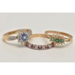 THREE 9CT GOLD GEM SET RINGS, the first an emerald and diamond cluster ring, hallmarked 9ct