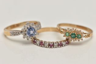 THREE 9CT GOLD GEM SET RINGS, the first an emerald and diamond cluster ring, hallmarked 9ct
