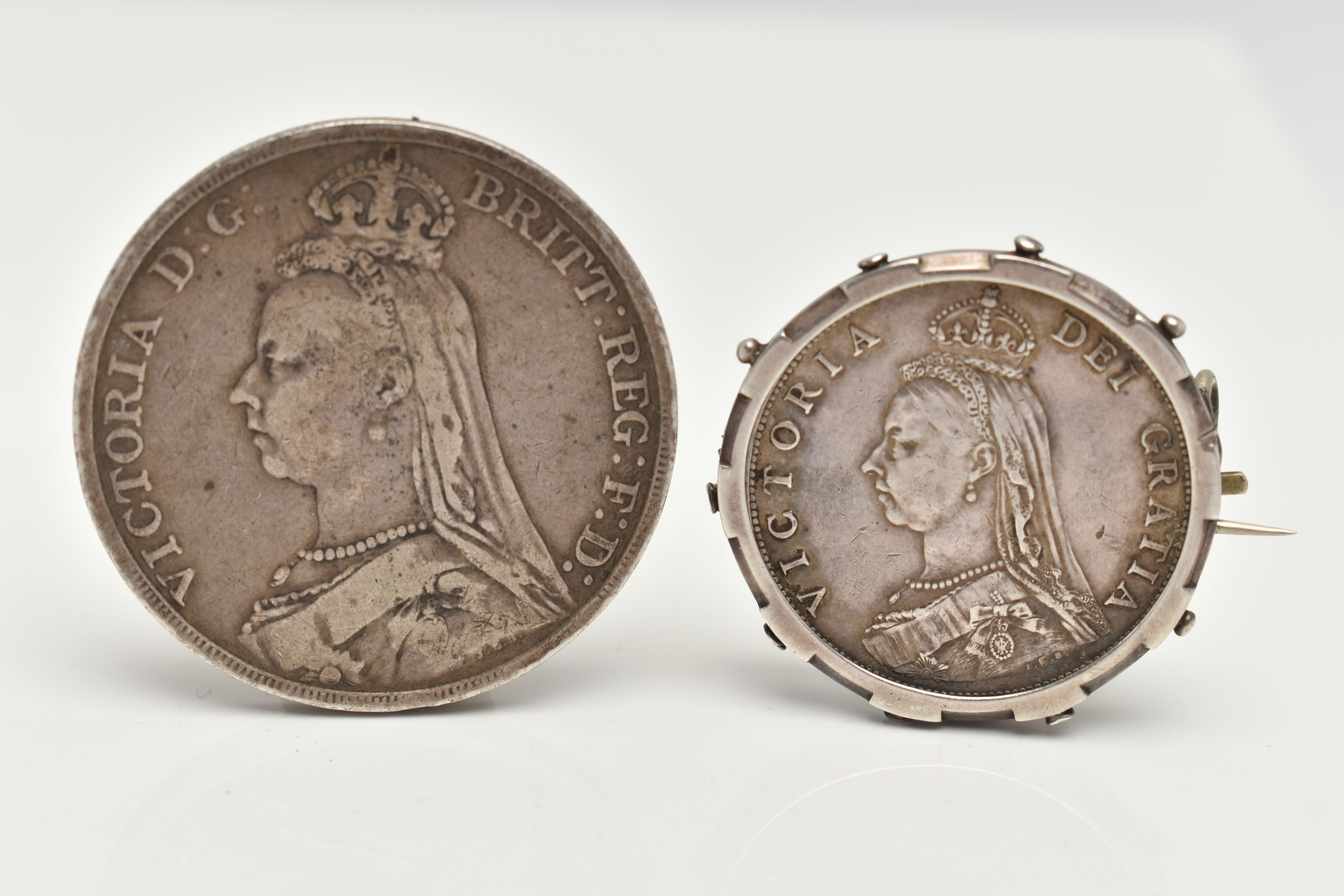 A VICTORIAN COIN AND COIN BROOCH, to include a Victoria 1890 crown coin and a Victoria 1887 coin