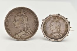 A VICTORIAN COIN AND COIN BROOCH, to include a Victoria 1890 crown coin and a Victoria 1887 coin