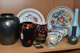 NINE PIECES OF POOLE POTTERY, comprising a Delphis vase, painted label to base '15th Ferro Matt' -