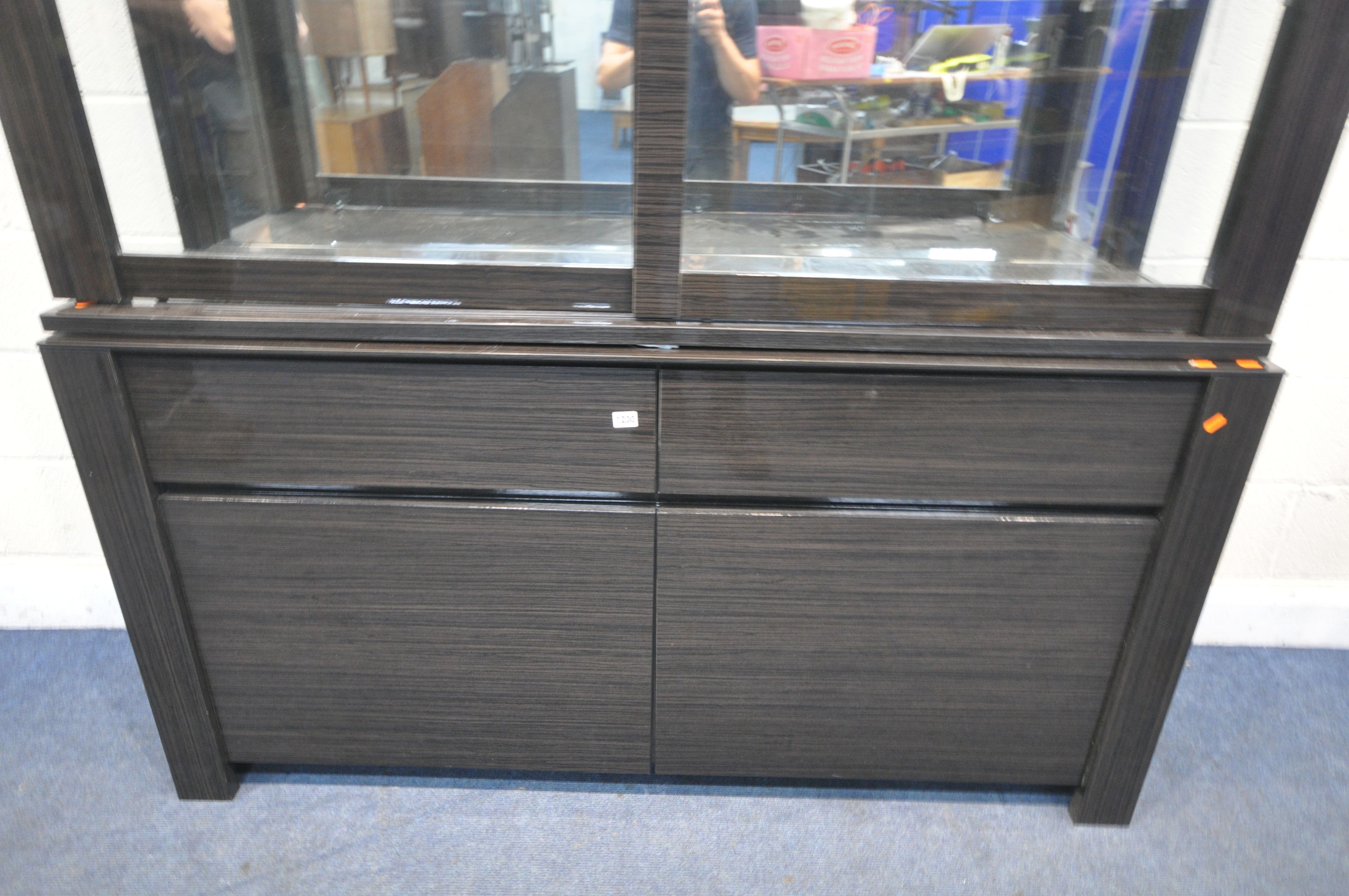 A BLACK FINISH GLAZED DISPLAY CABINET, with sliding doors, enclosing two glass shelves, over a - Image 3 of 3