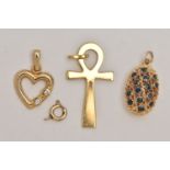 THREE 9CT GOLD PENDANTS, the first a yellow gold open work heart pendant, bezel set with two round
