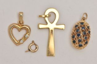 THREE 9CT GOLD PENDANTS, the first a yellow gold open work heart pendant, bezel set with two round