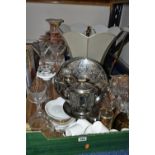 ONE BOX OF GLASS AND METALWARE, to include a pair of Walker & Hall candle sticks, silverplate