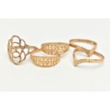 FIVE 9CT GOLD RINGS, two wishbone style rings, ring size O and M, a double row open work patterned