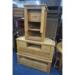 FOUR GOLDEN OAK LOUNGE FURNITURE, to include a tv stand with three drawers, width 114cm x depth 50cm