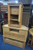 FOUR GOLDEN OAK LOUNGE FURNITURE, to include a tv stand with three drawers, width 114cm x depth 50cm