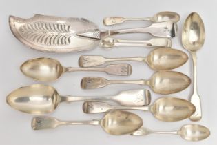 A SMALL PARCEL OF 19TH CENTURY FIDDLE PATTERN FLATWARE, comprising a fish slice, maker possibly John