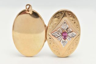 A 9CT GOLD GEM SET LOCKET, yellow gold oval locket, principally set with a marquise cut ruby, set