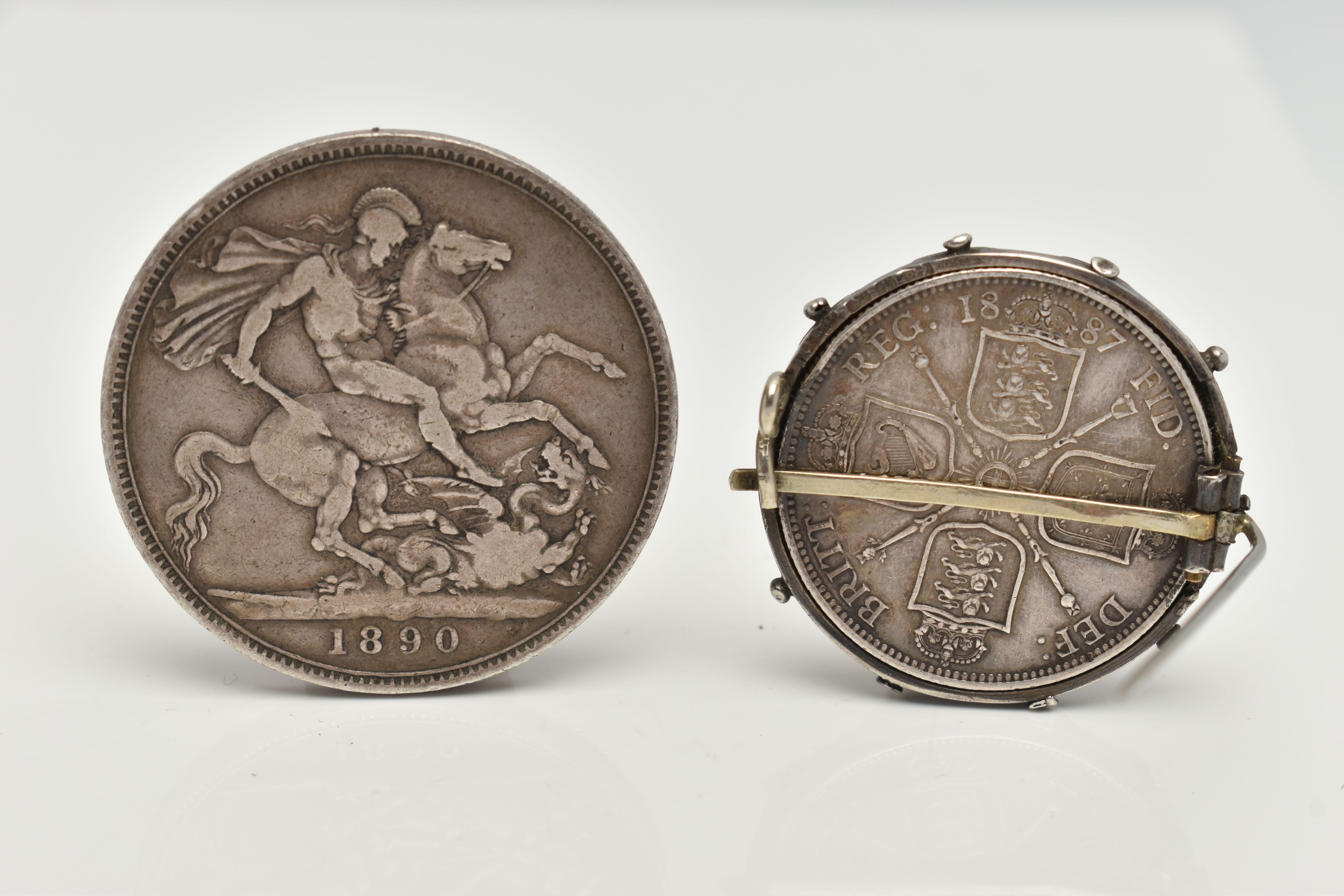 A VICTORIAN COIN AND COIN BROOCH, to include a Victoria 1890 crown coin and a Victoria 1887 coin - Image 2 of 2