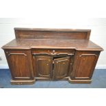 A VICTORIAN MAHOGANY SIDEBOARD, with a raised back and four cupboard doors, width 199cm x depth 61cm