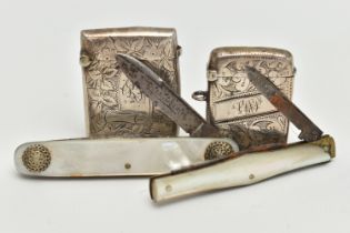 TWO SILVER VESTAS AND TWO MOTHER OF PEARL FRUIT KNIVES, both vestas etched with foliage detail, both