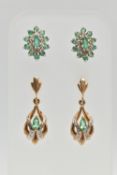 TWO PAIRS OF GEM SET EARRINGS, the first a pair of 9ct gold emerald and diamond cluster earrings,