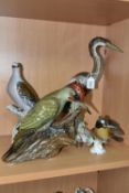 FOUR ROSENTHAL PORCELAIN BIRDS, comprising a heron by Hugo Meisel, height 34.5cm, a green woodpecker