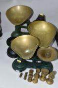 THREE SETS OF 20TH CENTURY / REPRODUCTION PAINTED METAL KITCHEN SCALES WITH BRASS PANS AND AN