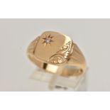 A 9CT GOLD SIGNET RING, square signet, engraved with foliage detail and set with a single round