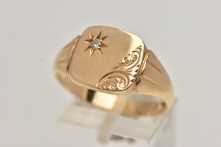 A 9CT GOLD SIGNET RING, square signet, engraved with foliage detail and set with a single round