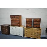 A SLECTION OF VARIOUS CHEST OF DRAWERS, to include a pair of pine two short over three long drawers,
