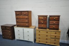 A SLECTION OF VARIOUS CHEST OF DRAWERS, to include a pair of pine two short over three long drawers,