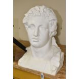 A LARGE NEO-CLASSICAL WHITE PLASTER BUST, possibly Octavian Augustus, impressed marks to base 'The