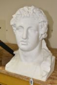 A LARGE NEO-CLASSICAL WHITE PLASTER BUST, possibly Octavian Augustus, impressed marks to base 'The