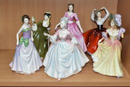 SIX ROYAL DOULTON FIGURINES, comprising Diana HN3266, with Michael Doulton signature and date to