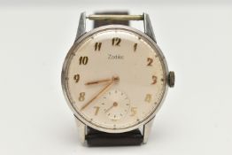A ZODIAC WRISTWATCH, the white circular face with Arabic numerals and subsidiary seconds dial, to