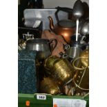 ONE BOX OF METALWARE, to include a brass miner's lamp by E. Thomas & Williams Ltd. brass