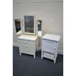 A MODERN CREAM THREE DRAWER BEDSIDE CHEST, along with a similar triple dressing mirror, and a