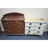 A VICTORIAN STAINED PINE WASHSTAND/CHEST OF FOUR DRAWERS, width 90cm x depth 44cm x height 106cm,