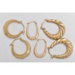 TWO PAIRS OF 9CT GOLD CREOLE HOOP EARRINGS AND A PAIR OF YELLOW METAL CREOLE EARRRINGS, all