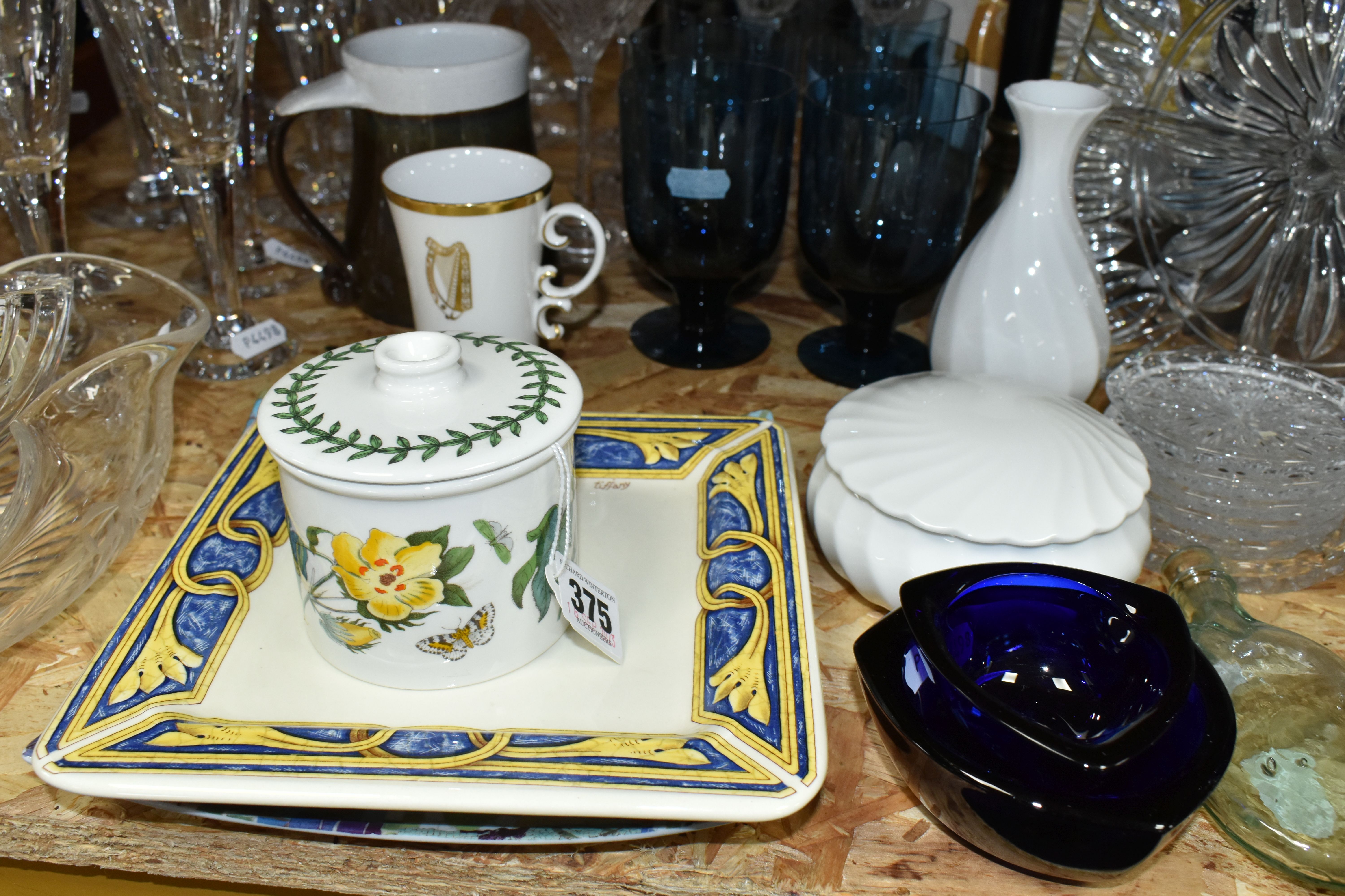 A GROUP OF GLASS WARES, CERAMICS AND A PAIR OF CANDLESTICKS, to include six dark blue Wedgwood - Image 5 of 7