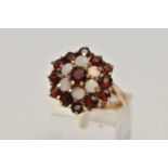 A 9CT GOLD GARNET AND OPAL CLUSTER DRESS RING, comprised of thirteen circular cut garnets and six