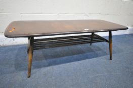 A MID CENTURY ERCOL COFFEE TABLE, with a spindle undershelf, length 106cm x depth 44cm x height 36cm