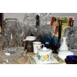 A GROUP OF GLASS WARES, CERAMICS AND A PAIR OF CANDLESTICKS, to include six dark blue Wedgwood