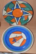 TWO CLARICE CLIFF PLATES, both AF, one painted with a sunburst and flower design, backstamp reads '