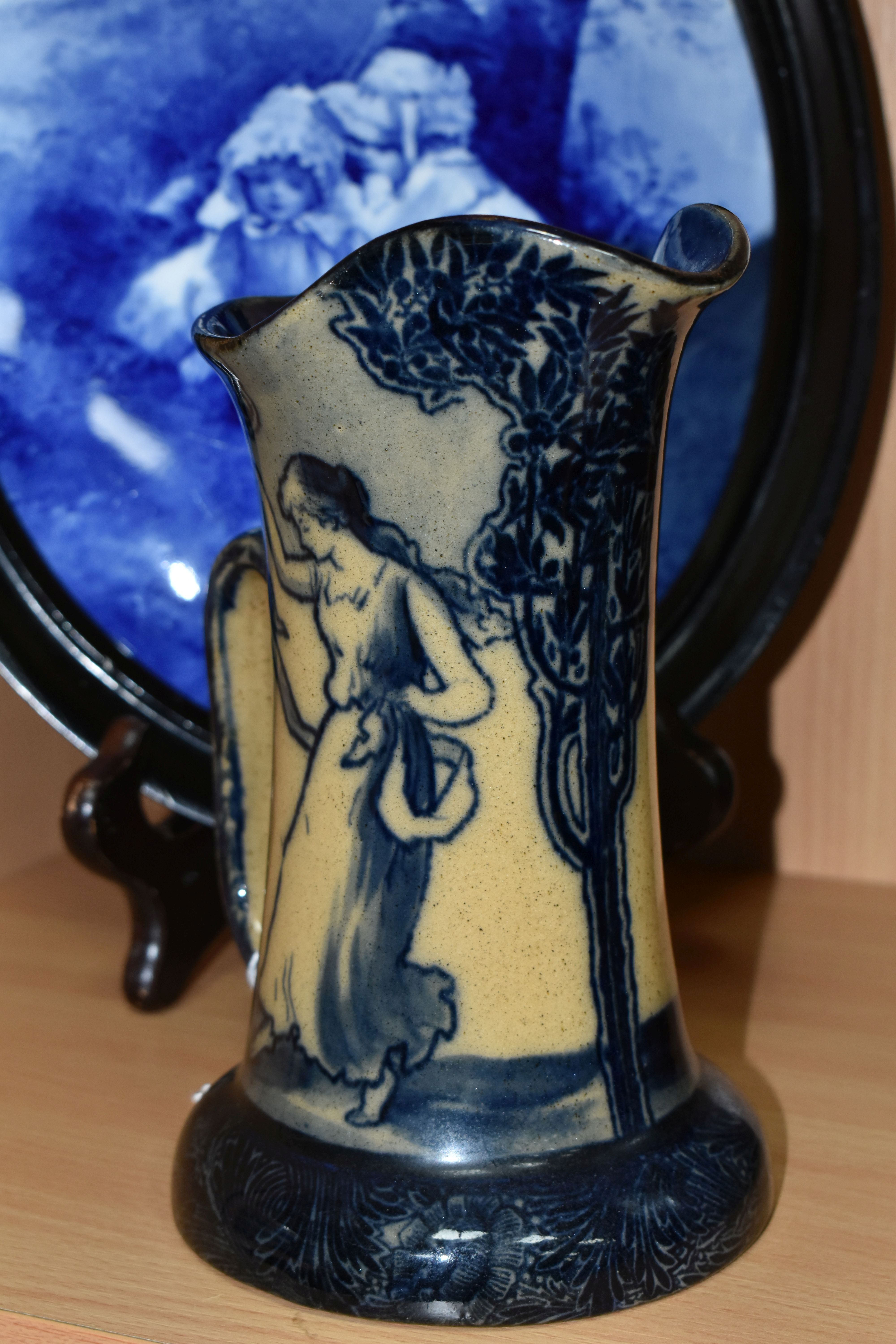 A ROYAL DOULTON BLUE CHILDREN PLAQUE AND A MORRISIAN WARE JUG, the framed oval plaque decorated with - Image 2 of 8