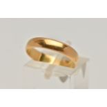 A 22CT GOLD BAND RING, plain polished band, approximate width 4mm, hallmarked 22ct Birmingham,