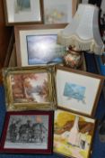 ONE BOX OF FRAMED PRINTS, ten framed prints, together with a ceramic table lamp and cream coloured