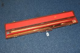 A CASED POWER GLIDE ARENA EMBASSY WORLD SNOOKER TWO PIECE CUE, complete and in good condition with