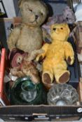 A BOX OF TEDDY BEARS, GLASS, KITCHENALIA AND SUNDRIES, to include two vintage teddy bears: a