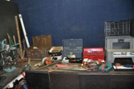 TWO TOOLBOXES, A STEP TOOLBOX AND AN AMMO BOX CONTAINING TOOLS including vintage saws by Spear and