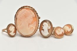 AN ASSORTMENT OF CAMEO JEWELLERY, to include two yellow metal shell cameo rings, both stamped 9ct,