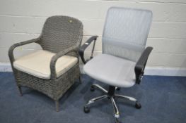 A MODERN SWIVEL OFFICE CHAIR, and a faux rattan armchair with a loose seat pad (condition report: