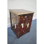 A RED LAQUERED JAPANNED HI-FI CABINET, with a hinged top, and double doors, width 46cm x depth