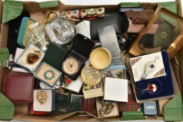 A BOX OF ASSORTED ITEMS, to include a selection of grouse feet, assorted costume jewellery,