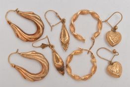 AN ASSORTMENT OF 9CT GOLD AND YELLOW METAL EARRINGS, to include a pair of heart drop earrings,
